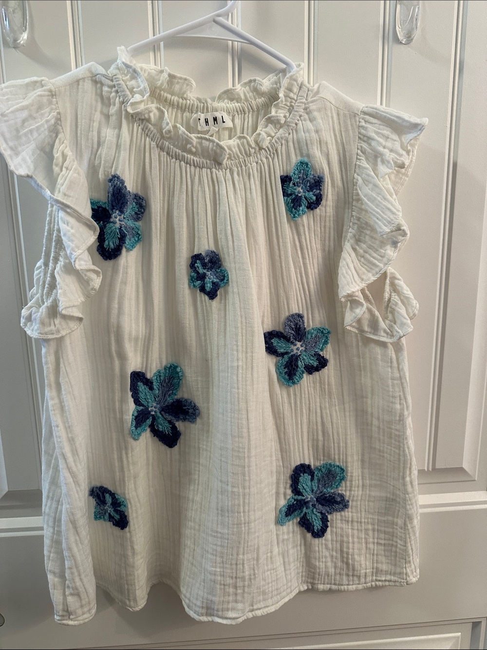 THML White Girls' Top with Blue & Teal Floral Appliqués